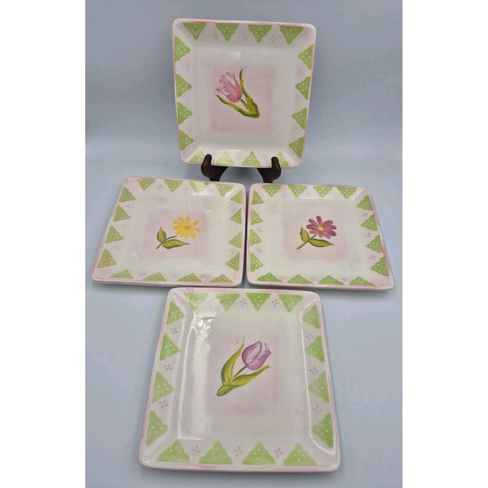 4 FTD Porcelain 7.5" Square Plates, Different Tulip Sunflowers Flowers Spring
